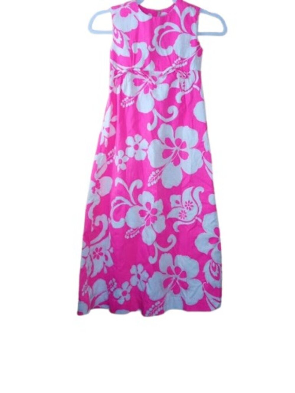 Vintage 1960s Hookana Brand Girls Maxi Dress Pink Hawaiian Floral Cotton Twill 8
